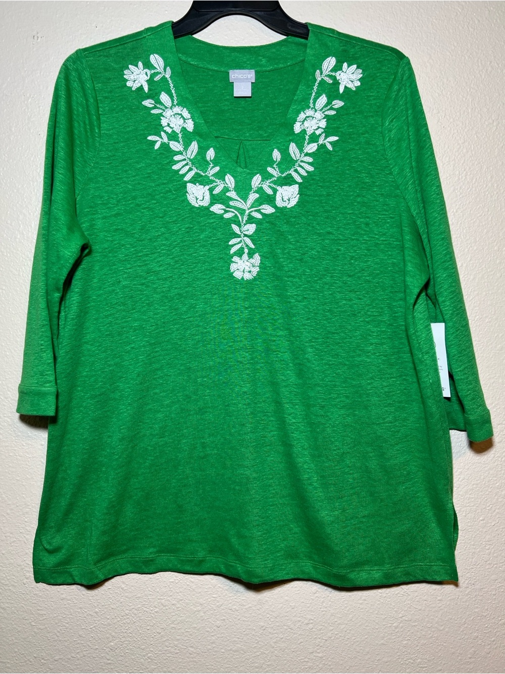 Chicos NWT 100% Linen Embroidered Tunic Top Size L Kelly Green Floral Spring